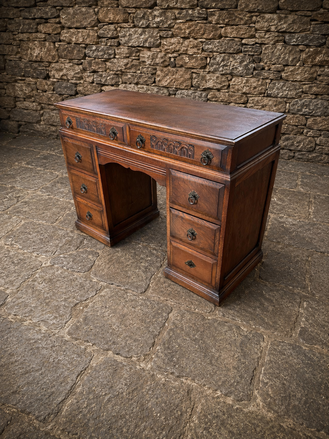 1930s Jacobean Revival Solid Oak Pedestal Desk