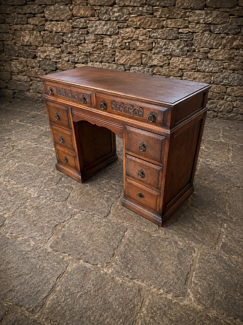 1930s Jacobean Revival Solid Oak Pedestal Desk
