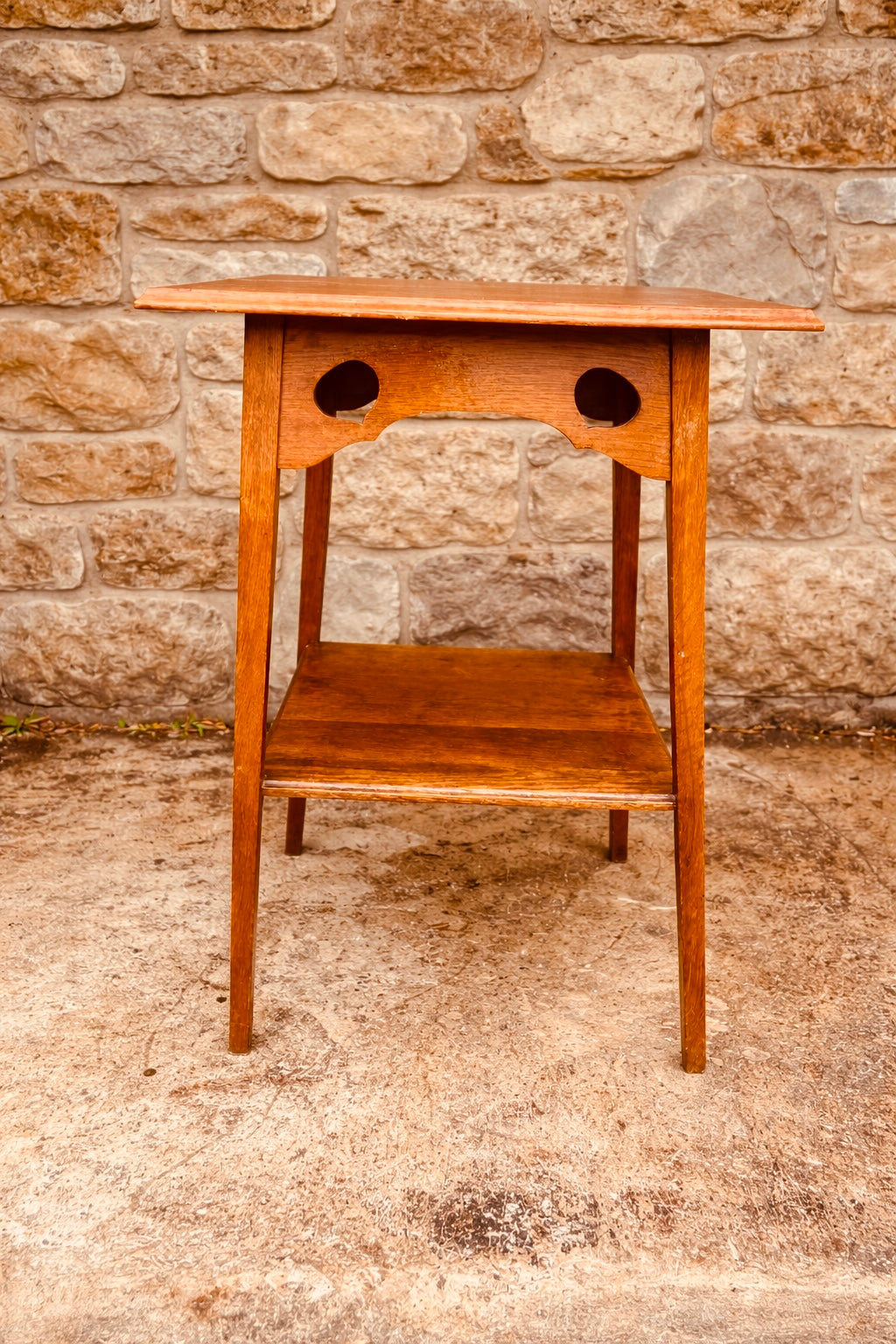 Arts & Crafts Oak Side Table with Pierced Detail – Vintage 1930s Lamp / Bedside Table