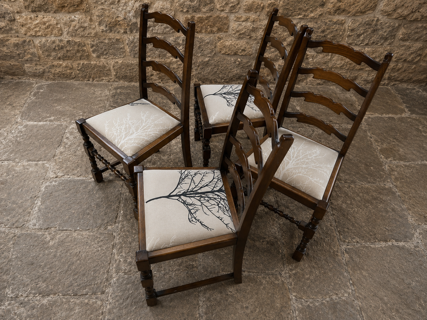 Set of 4 Vintage French Oak Ladderback Dining Chairs