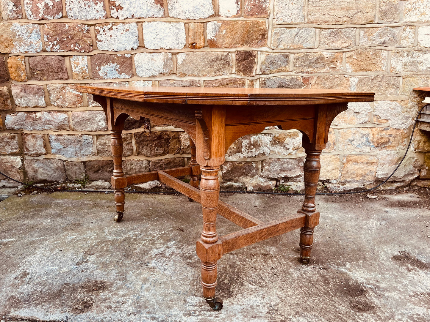 Antique Edwardian Oak Occasional Table – Octagonal Tiger Oak Side Table on Castors