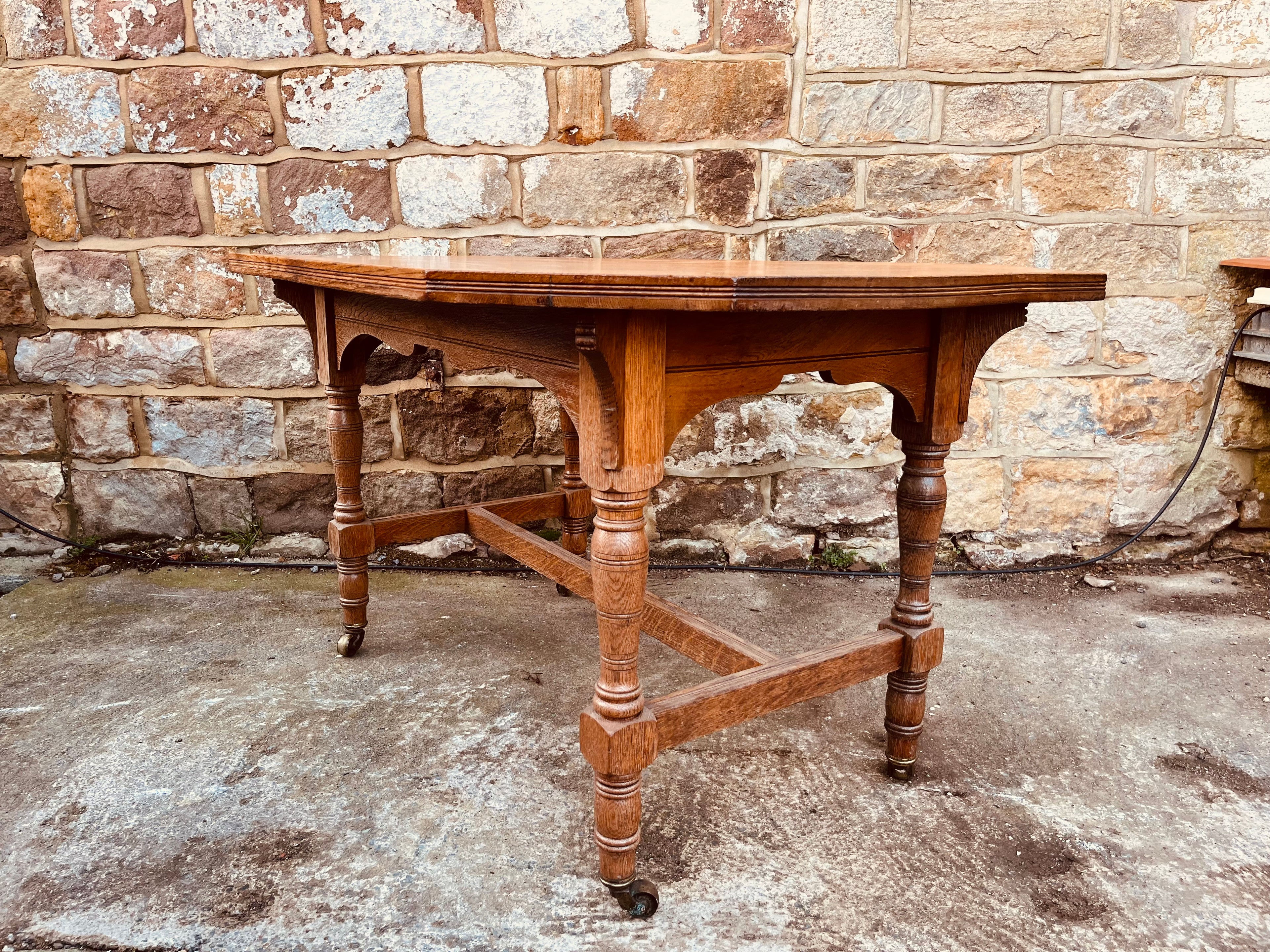 Antique Edwardian Oak Occasional Table – Octagonal Tiger Oak Side Table on Castors