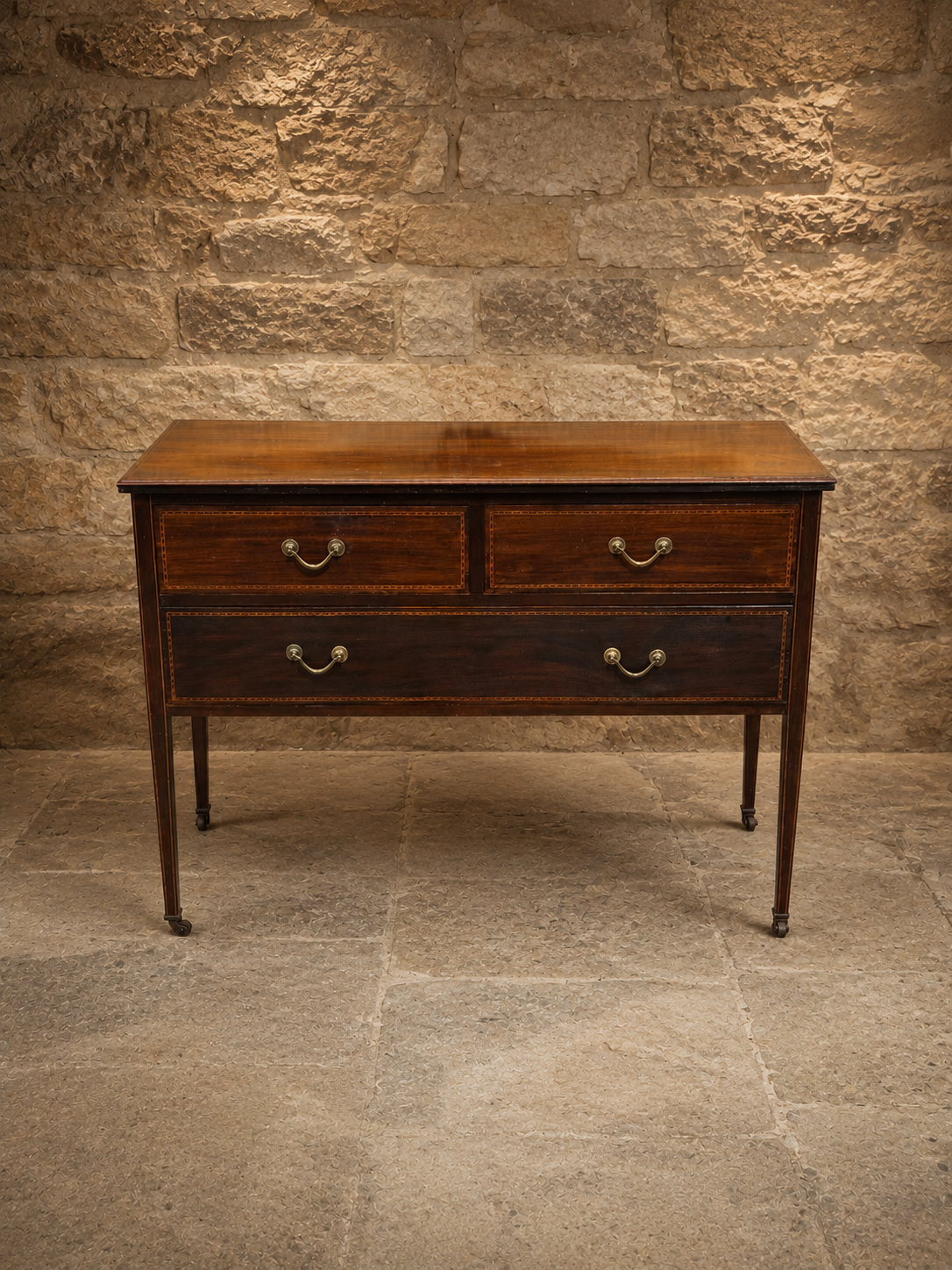 Antique Edwardian Inlaid Mahogany Chest of Drawers on Castors