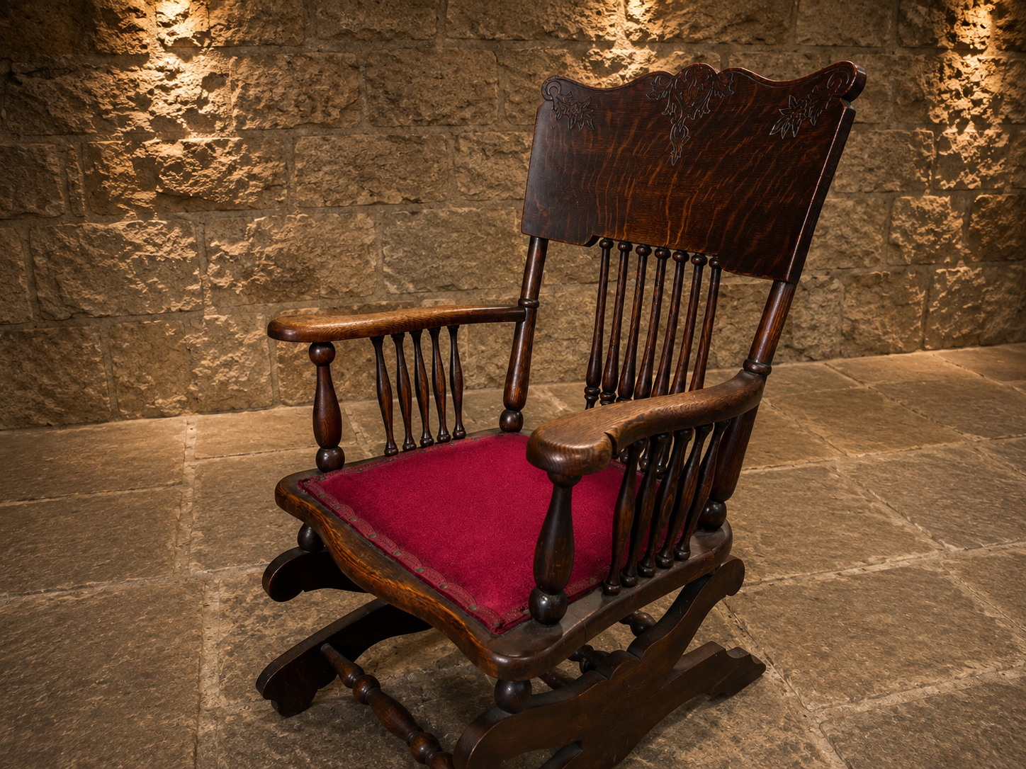 Antique Victorian Oak Adjustable Rocking Chair with Carved Floral Crest c.1900