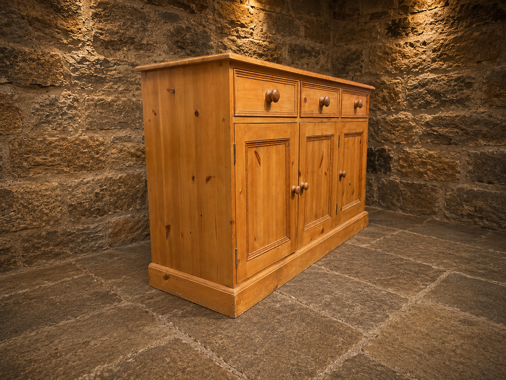 Large Vintage Pine Farmhouse Sideboard – Three Drawer Country Kitchen Storage Cabinet