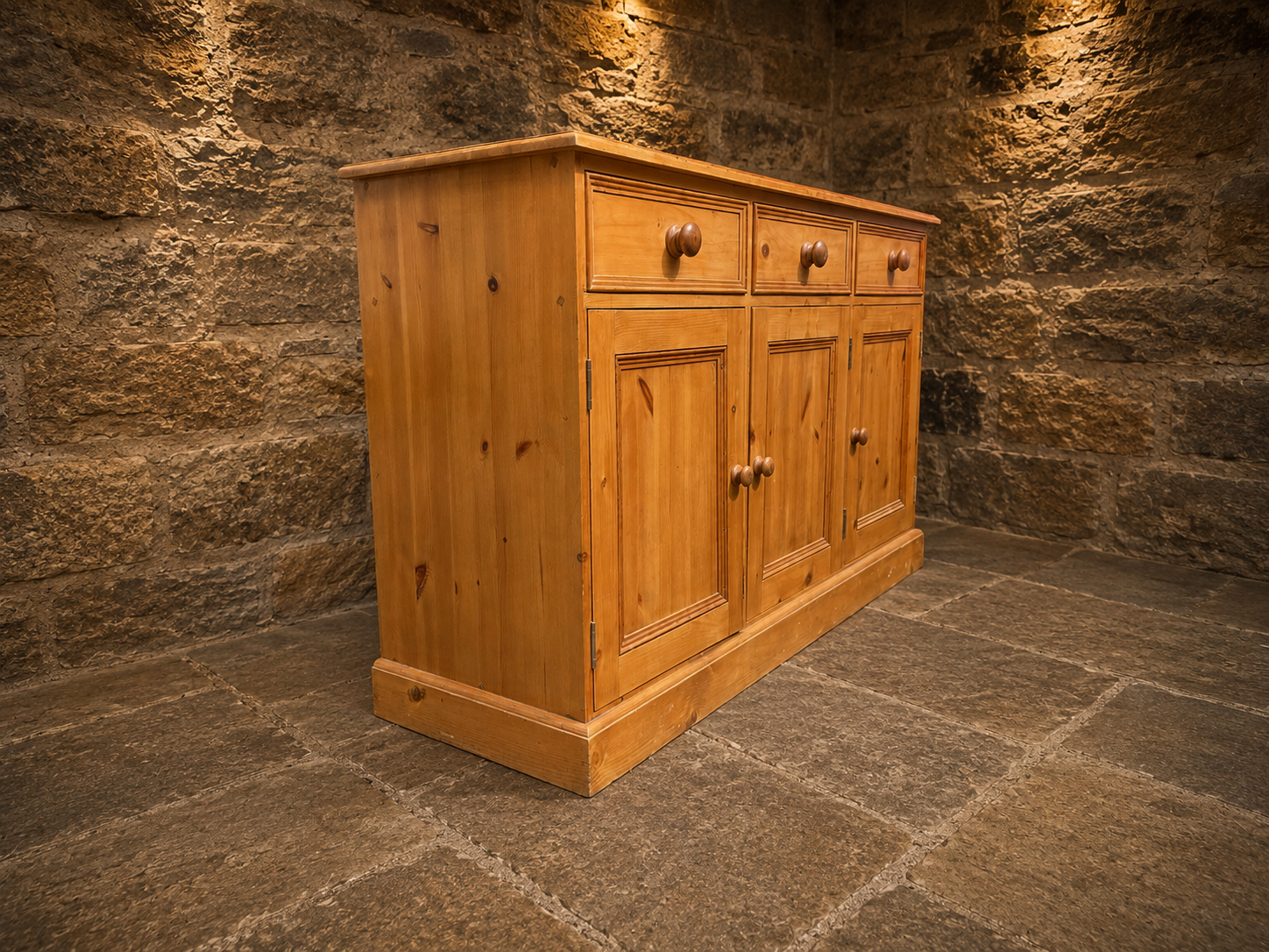 Large Vintage Pine Farmhouse Sideboard – Three Drawer Country Kitchen Storage Cabinet