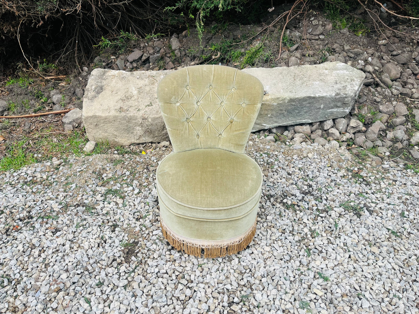 Vintage Sage Green Velvet Boudoir Chair with Button Back & Fringe Trim