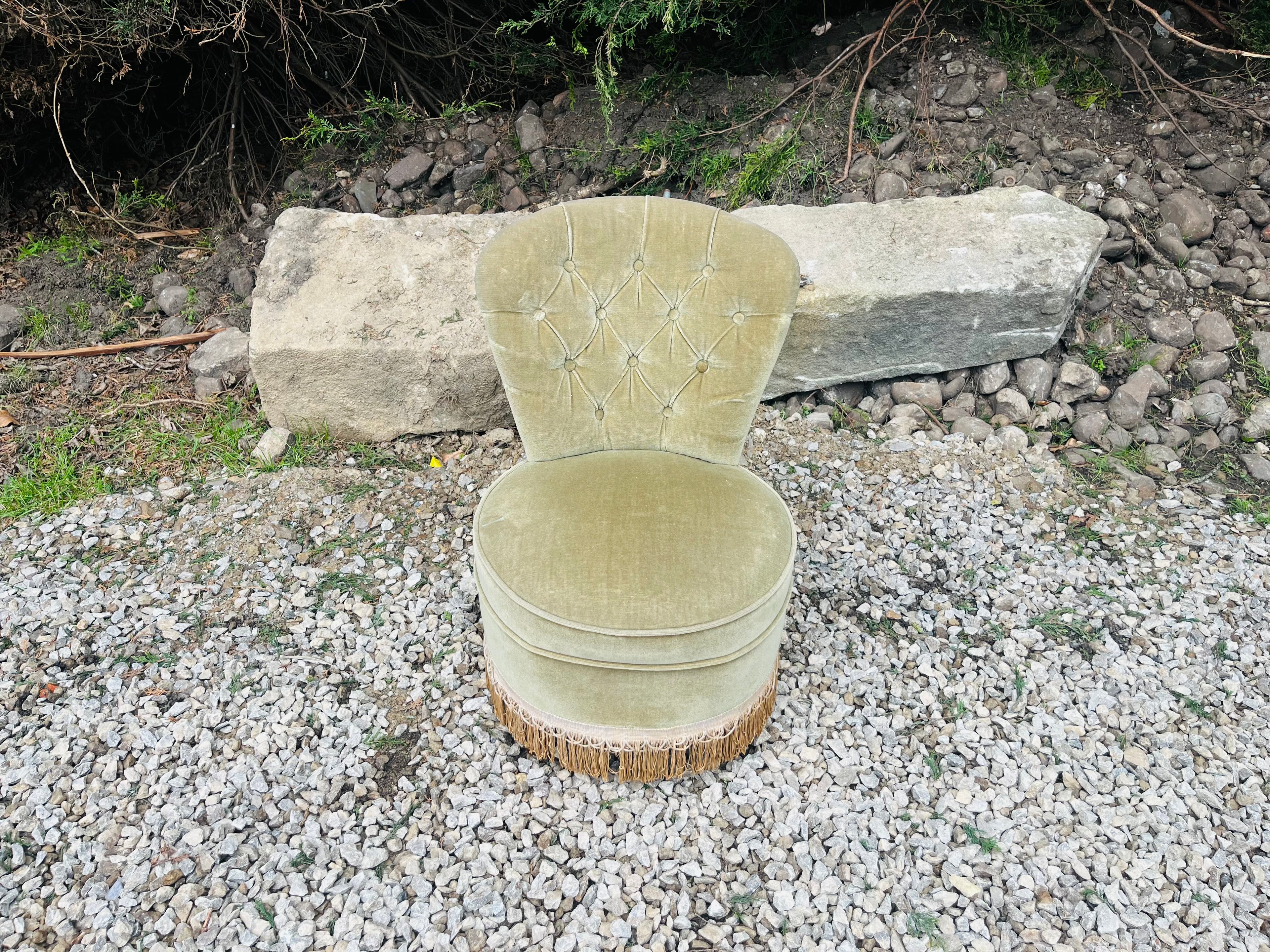 Vintage Sage Green Velvet Boudoir Chair with Button Back & Fringe Trim