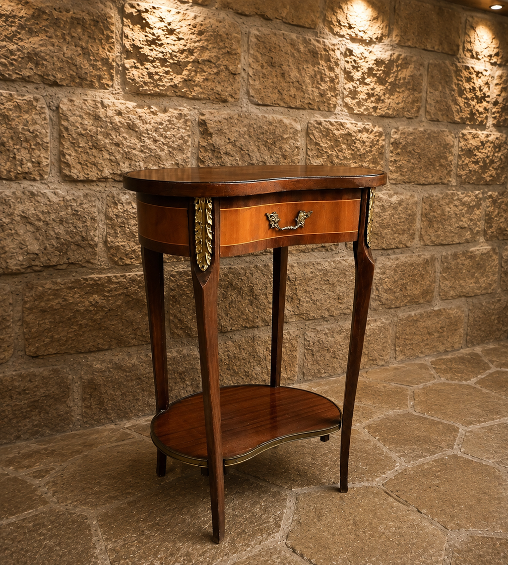 French Louis XVI Style Oval Side Table | Inlaid Lamp Table with Brass Ormolu Mounts