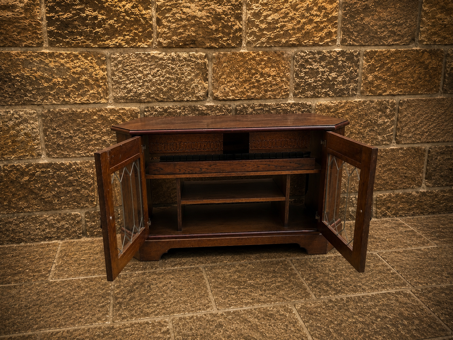 Antique Oak Music Cabinet | Arts & Crafts Leaded Glass Record Cabinet | Jacobean Revival Drinks Cabinet | Vintage Vinyl Storage