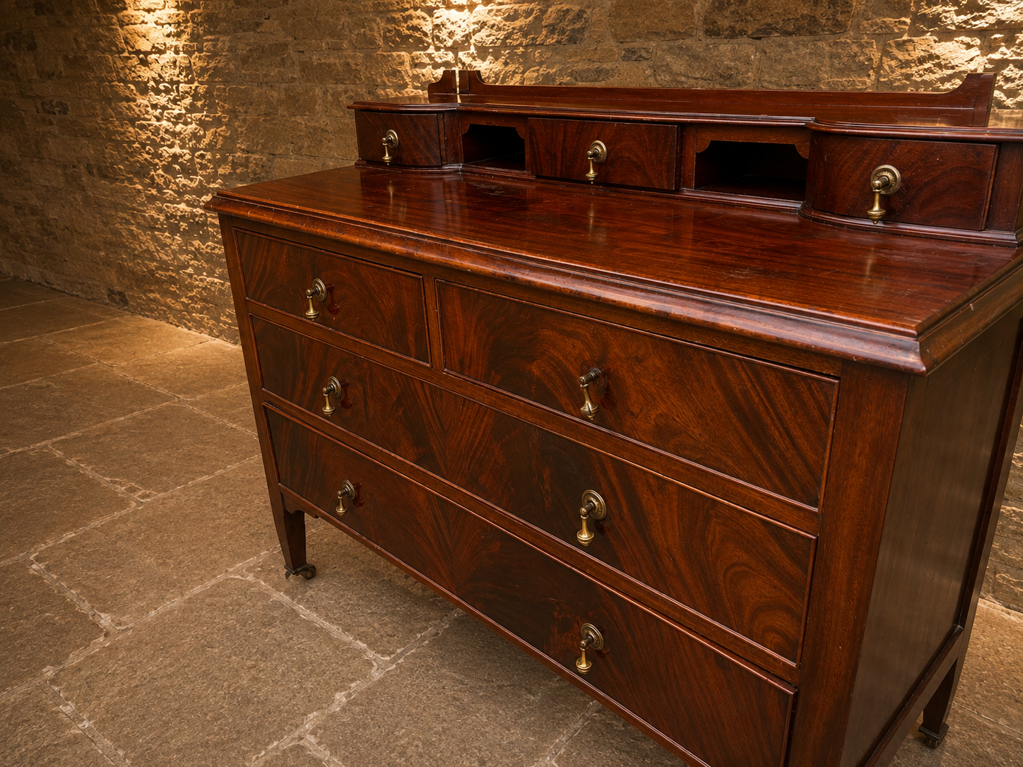 Antique Flame Mahogany Dressing Chest of Drawers with Gallery – Circa 1830–1850