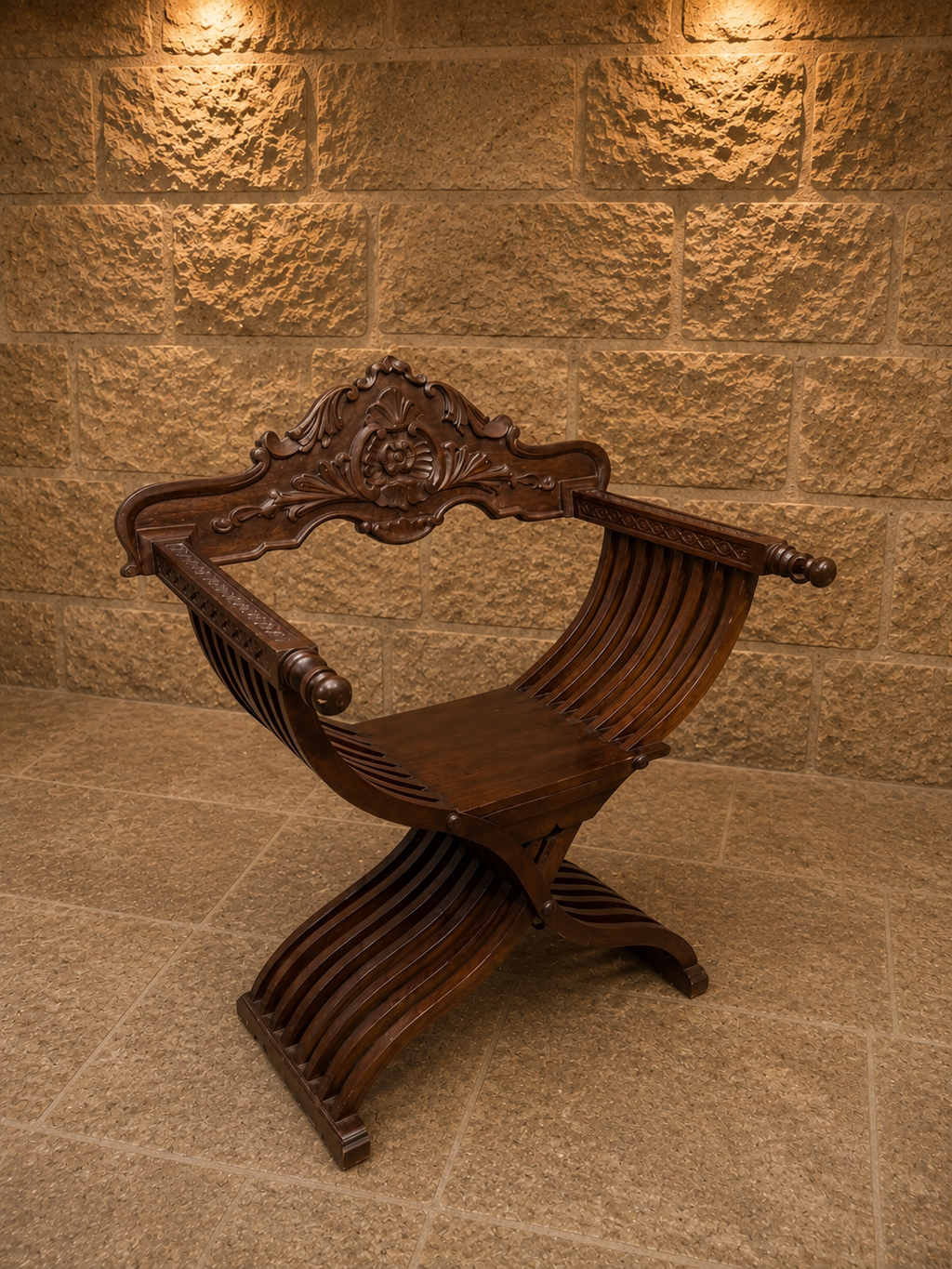 Vintage Savonarola Chair | Italian Renaissance Style X-Frame Accent Chair | Carved Wooden Hall Chair