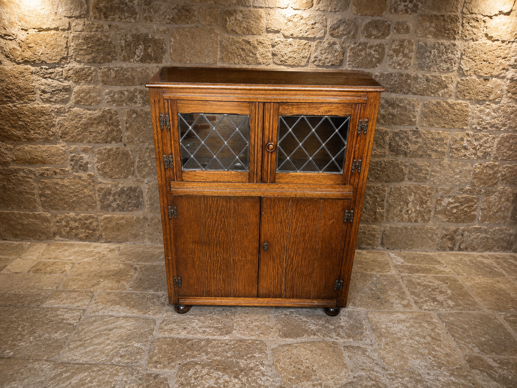Arts & Crafts Quarter Sawn Oak Leaded Glass Cabinet | Antique English Display Cabinet | Edwardian Oak Bookcase