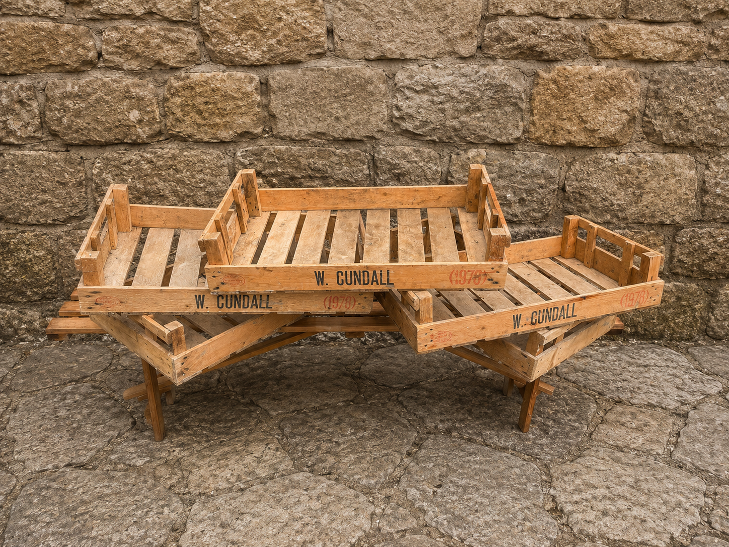 Set of 5 Original W. Cundall Market Crates c.1978 | Vintage Wooden Produce Crates