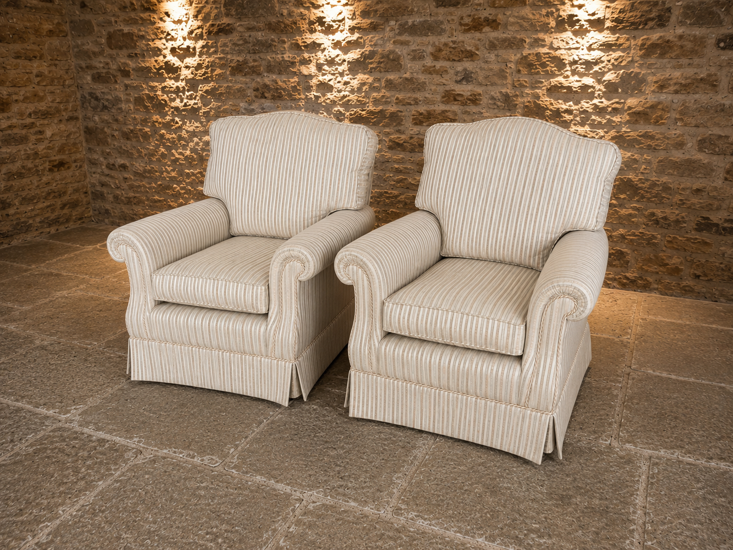 Pair of Traditional English Upholstered Club Armchairs in Neutral Striped Fabric
