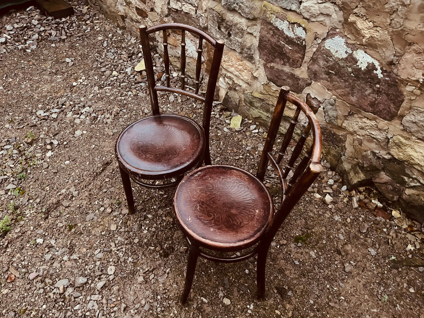 Pair of Vintage Bentwood Café Chairs with Embossed Seats