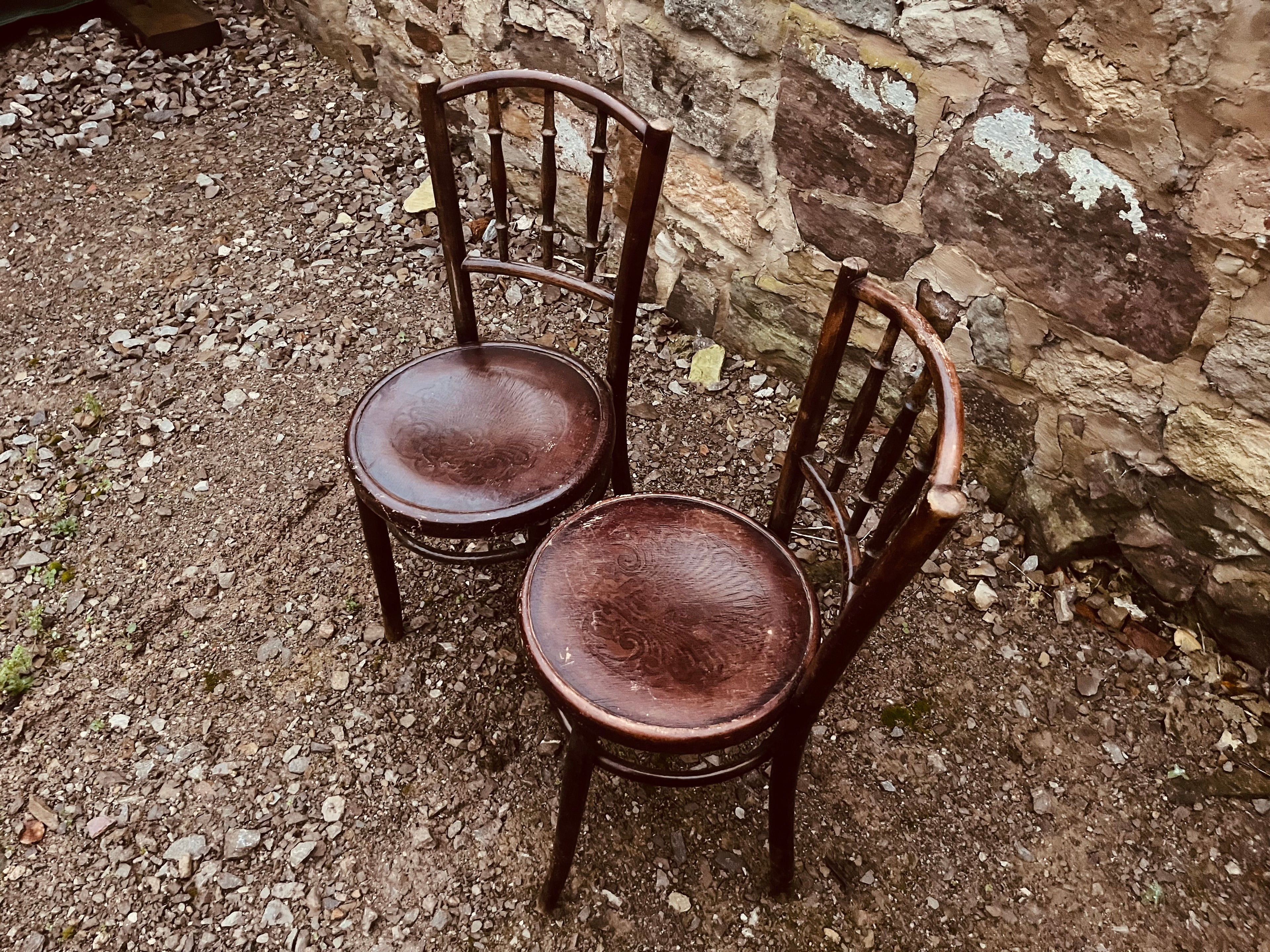 Pair of Vintage Bentwood Café Chairs with Embossed Seats