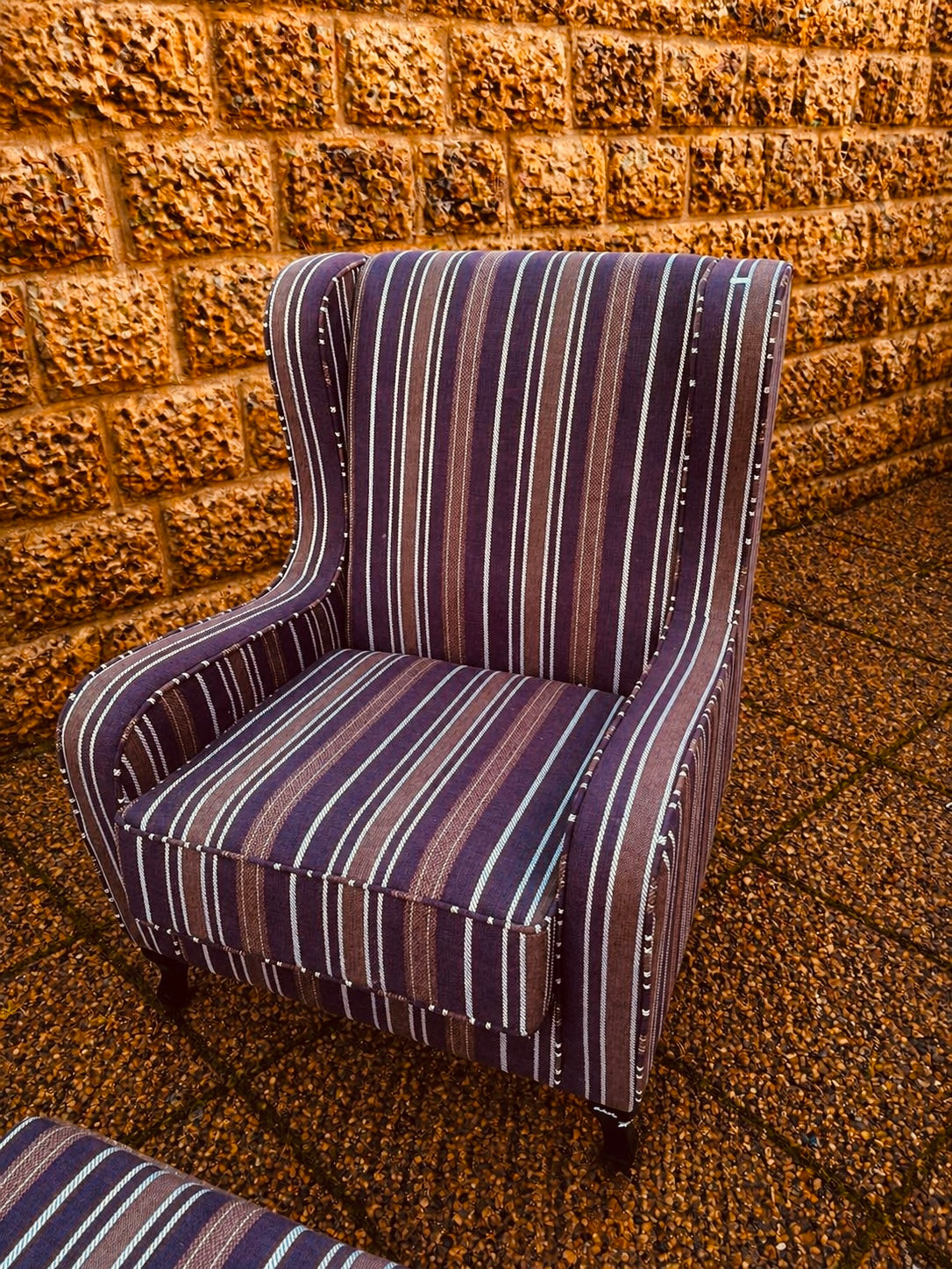 Wingback Armchair and Footstool Set – Striped Upholstered Accent Chair