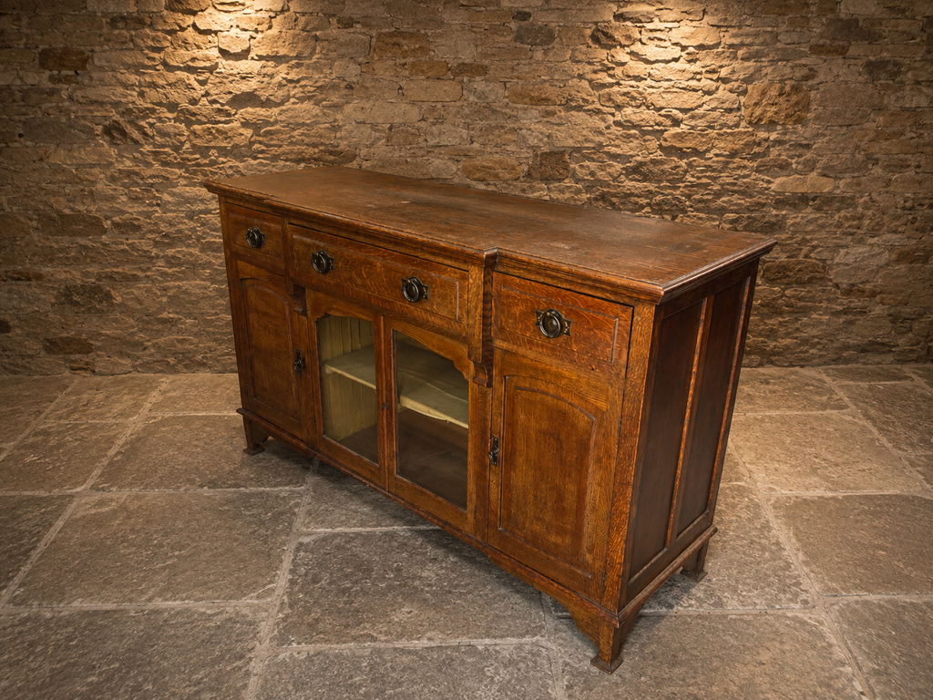 Antique Edwardian Figured Oak Sideboard c.1900 – Glazed Country House Buffet Cabinet