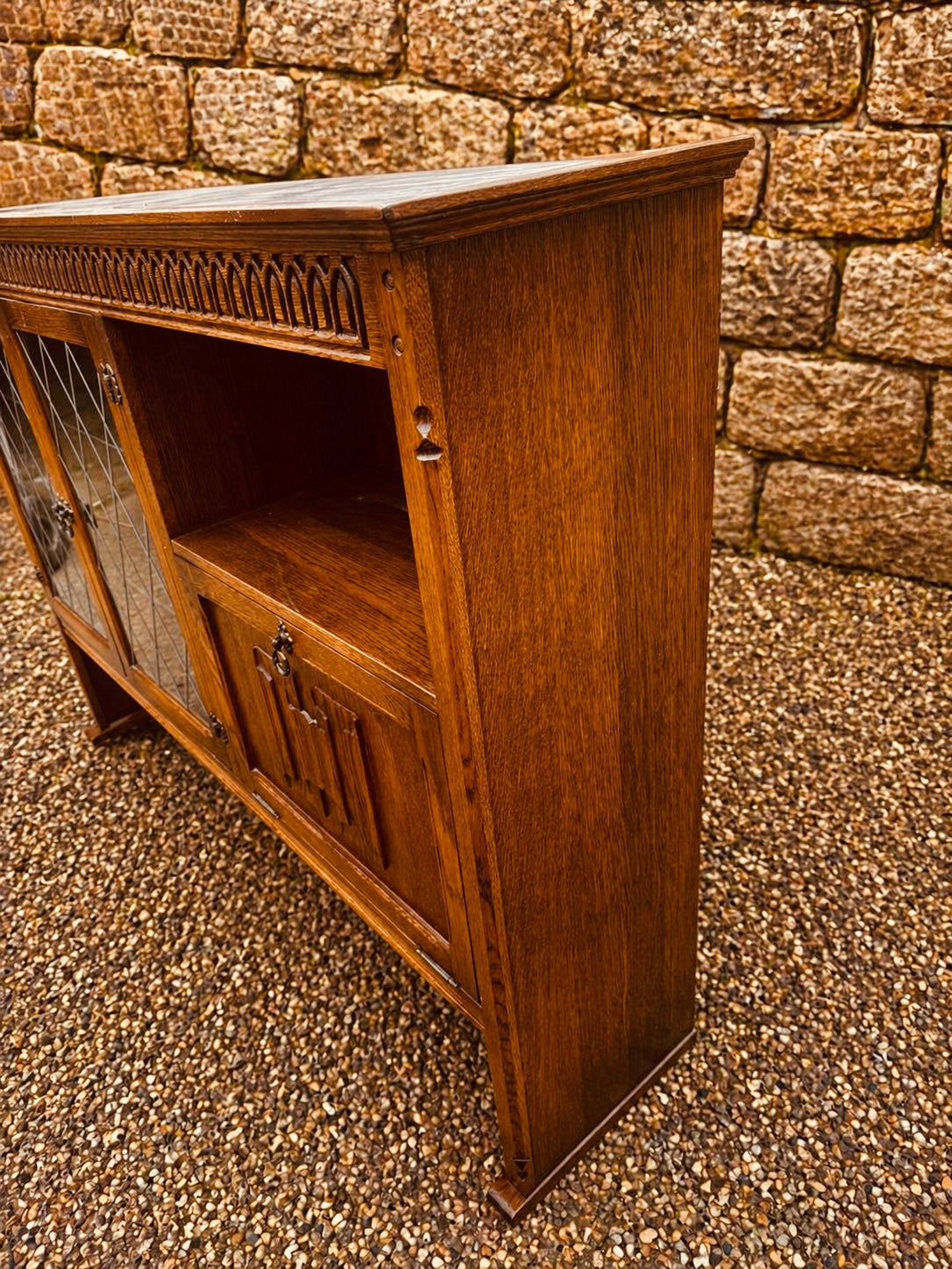 Vintage Oak Drinks Cabinet with Leaded Glass & Carved Detail