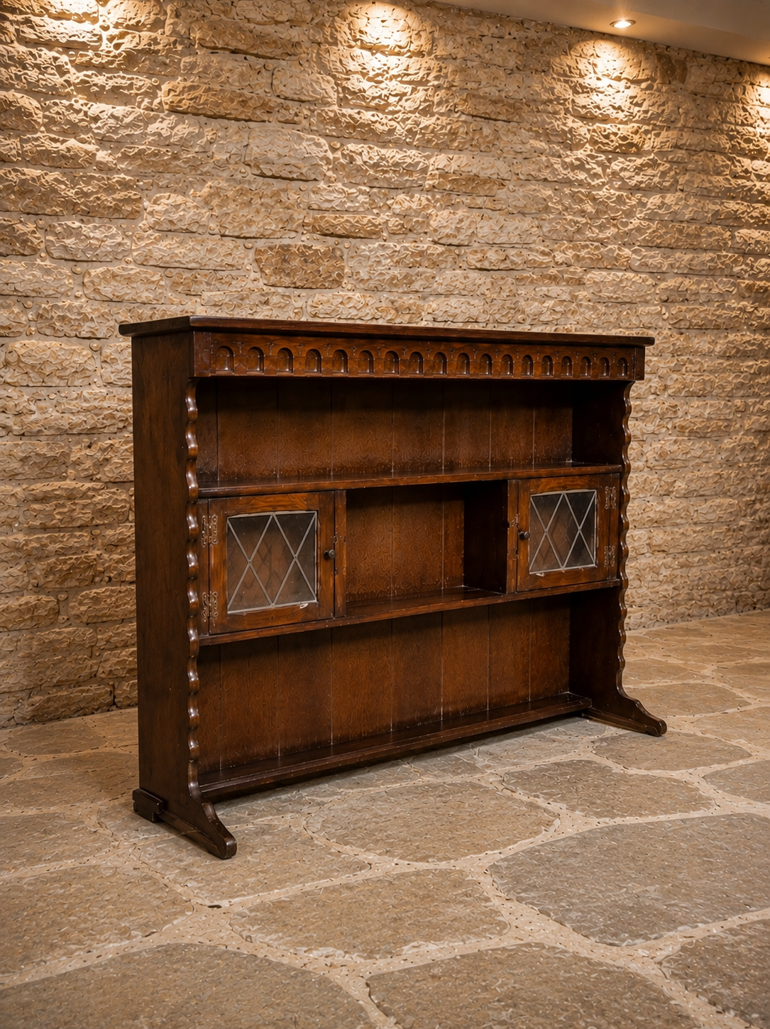 Antique Arts & Crafts Oak Dresser Top Bookcase with Leaded Glass Cupboards | Jacobean Revival Display Cabinet | Circa 1910