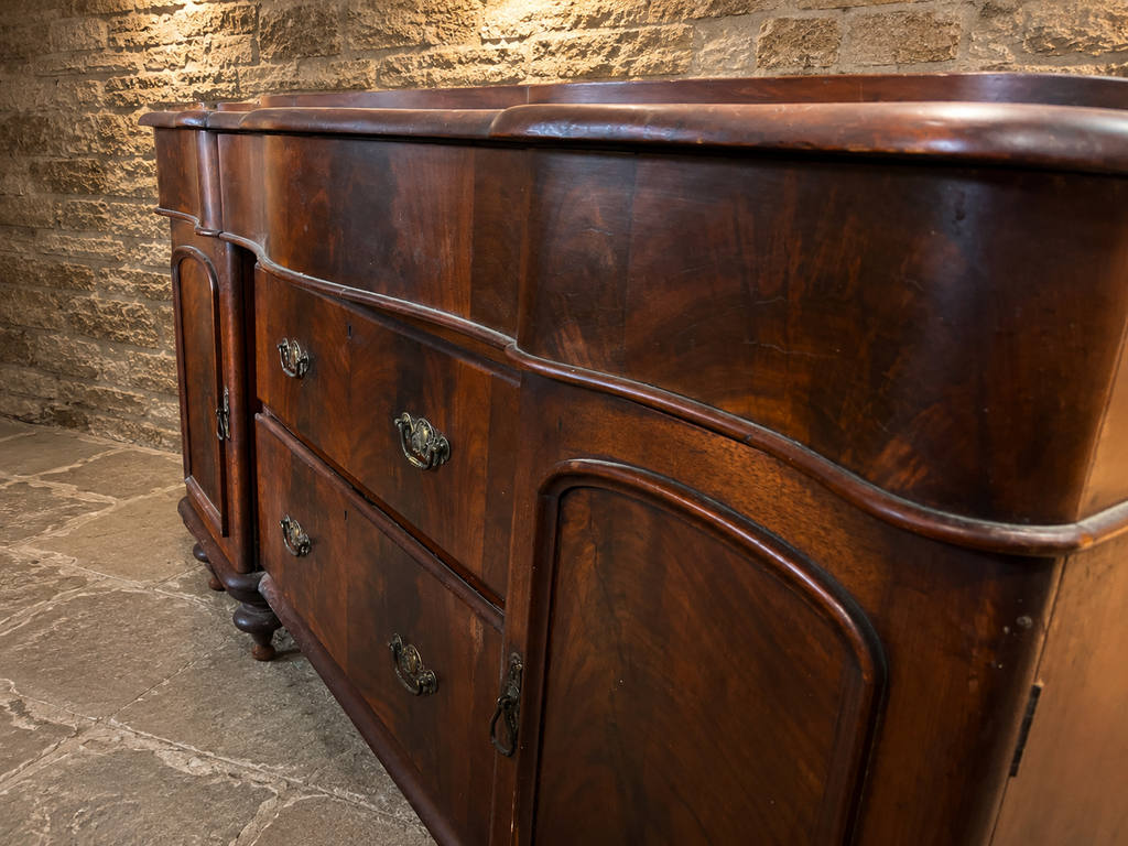 Antique Victorian Mahogany Serpentine Sideboard | c.1840–1860 | Figured Wood Chiffonier | Large Country House Storage Cabinet