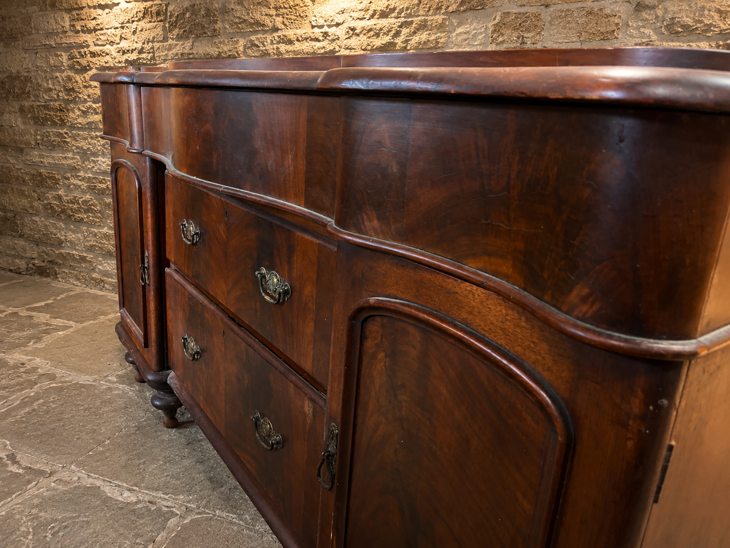 Antique Victorian Mahogany Serpentine Sideboard | c.1840–1860 | Figured Wood Chiffonier | Large Country House Storage Cabinet
