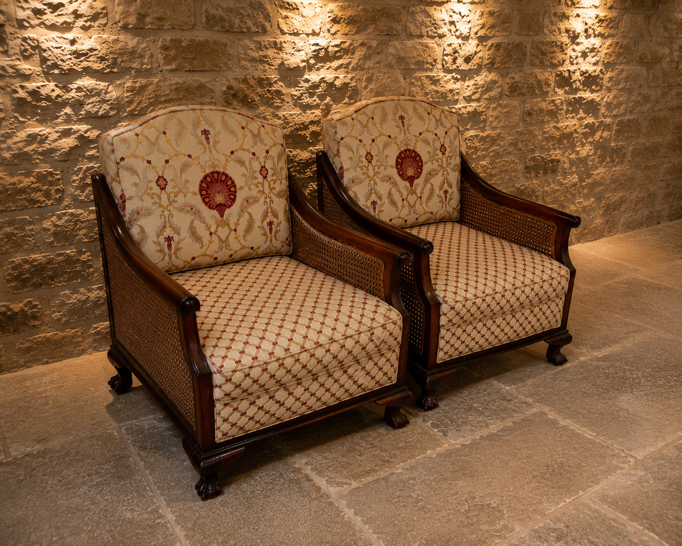 Pair of Edwardian Mahogany Bergère Armchairs | Antique Cane Lounge Chairs | English Upholstered Library Chairs | c.1905–1915