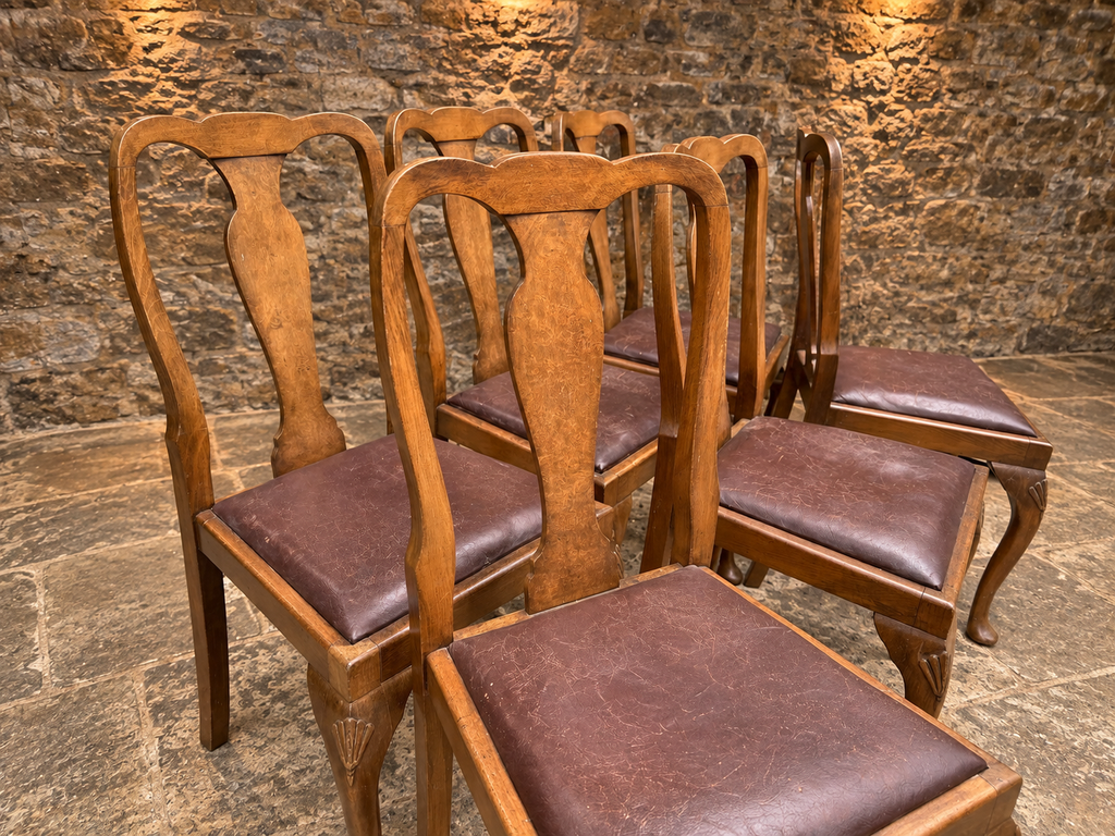 Set of Six Antique Queen Anne Style Walnut Dining Chairs – c.1930
