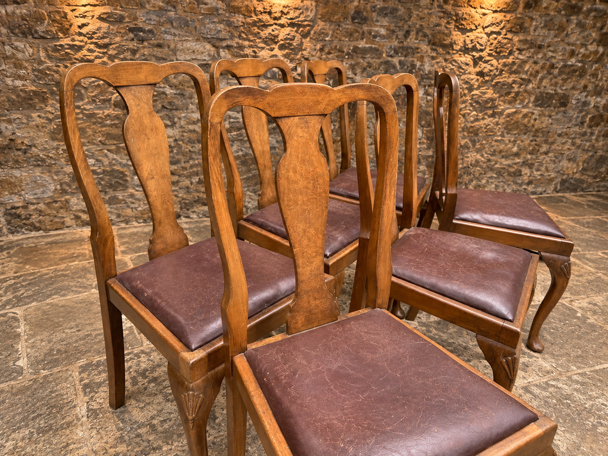 Set of Six Antique Queen Anne Style Walnut Dining Chairs – c.1930