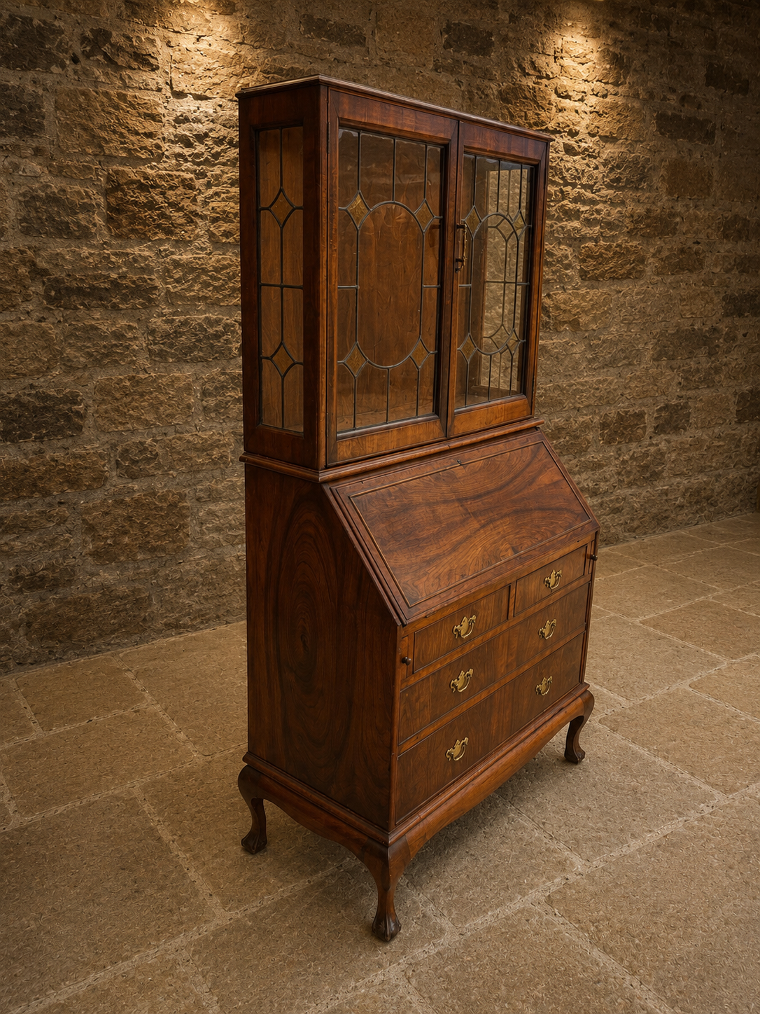 Early 20th Century Walnut Bureau Bookcase with Leaded Glass – Circa 1930