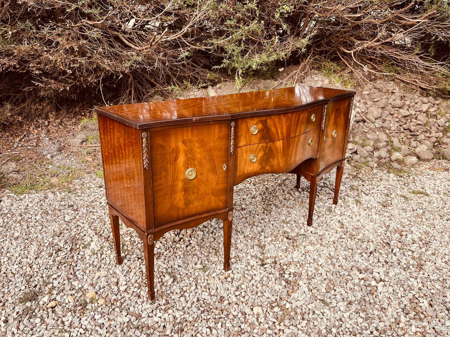 Antique Edwardian Mahogany Bow Front Sideboard – Sheraton Revival Flame Mahogany Server Cabinet