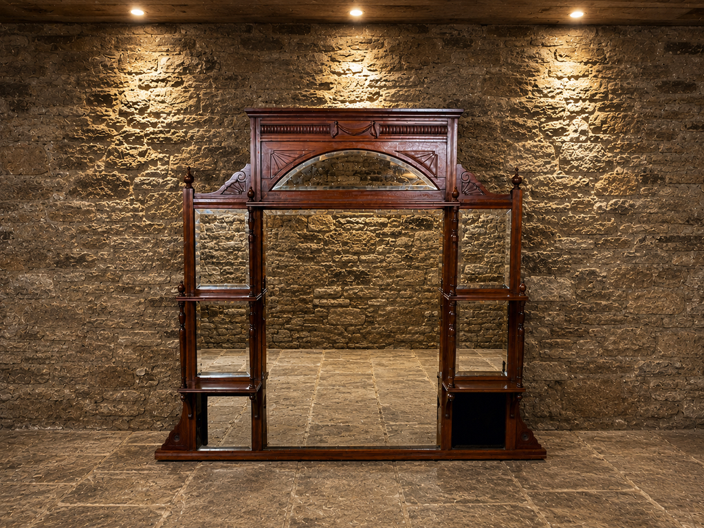 Victorian Oak Overmantel Mirror | Antique Bevelled Wall Mirror with Display Shelves | English Circa 1890–1910