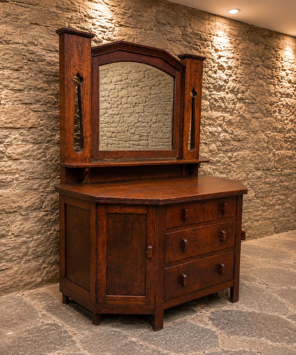 Antique Arts & Crafts Oak Dressing Chest with Mirror – Circa 1900