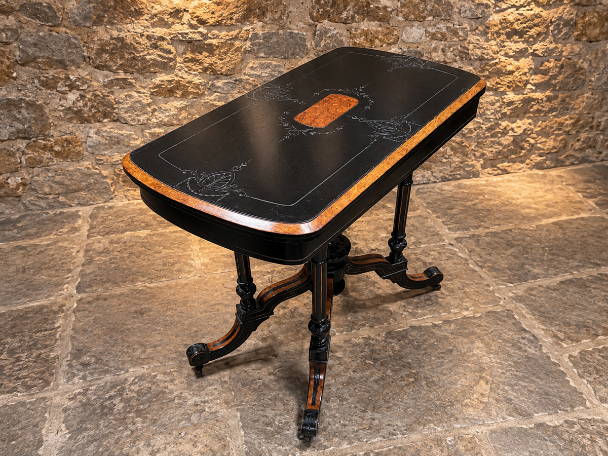 Antique Victorian Ebonised Burr Walnut Fold Over Card & Games Table c.1875