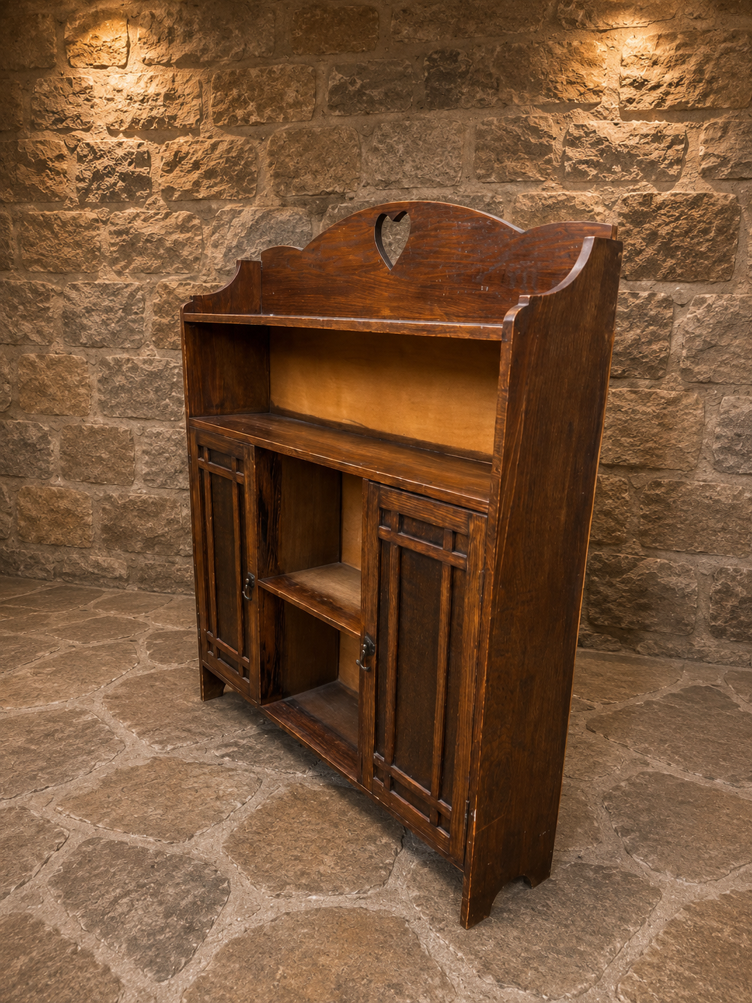 Arts & Crafts Oak Heart Cut-Out Dresser Top Cabinet c.1900–1920