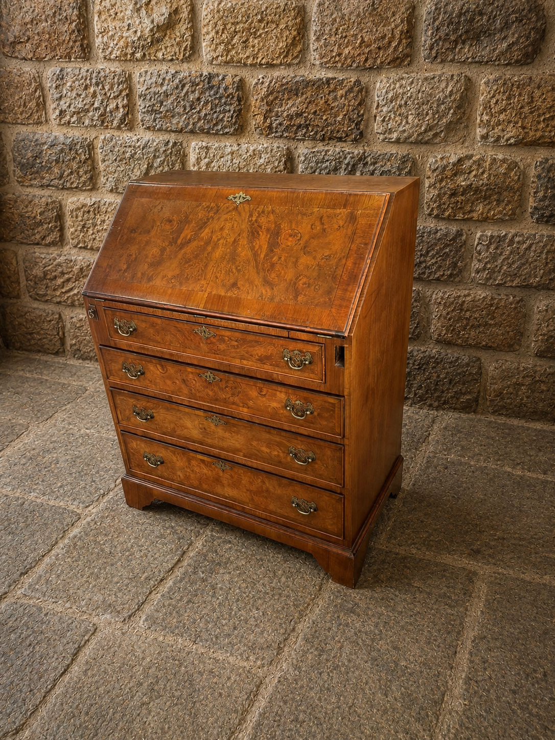 Vintage Burr Walnut Georgian Revival Bureau Desk