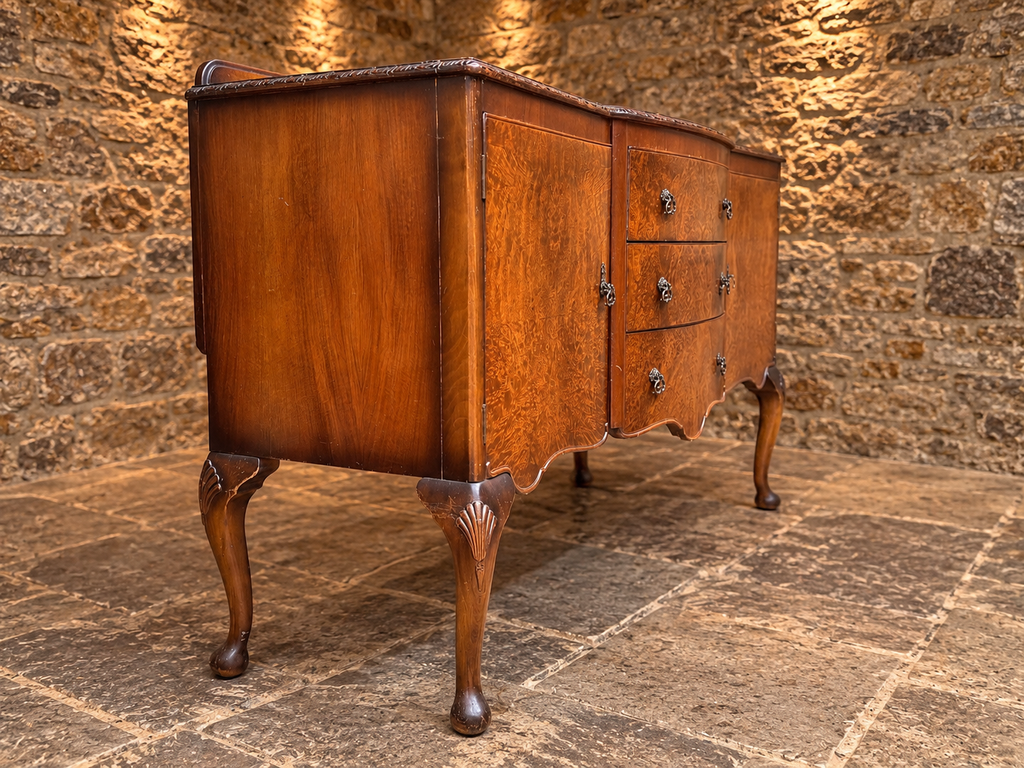Antique Burr Walnut Queen Anne Revival Sideboard – c.1930