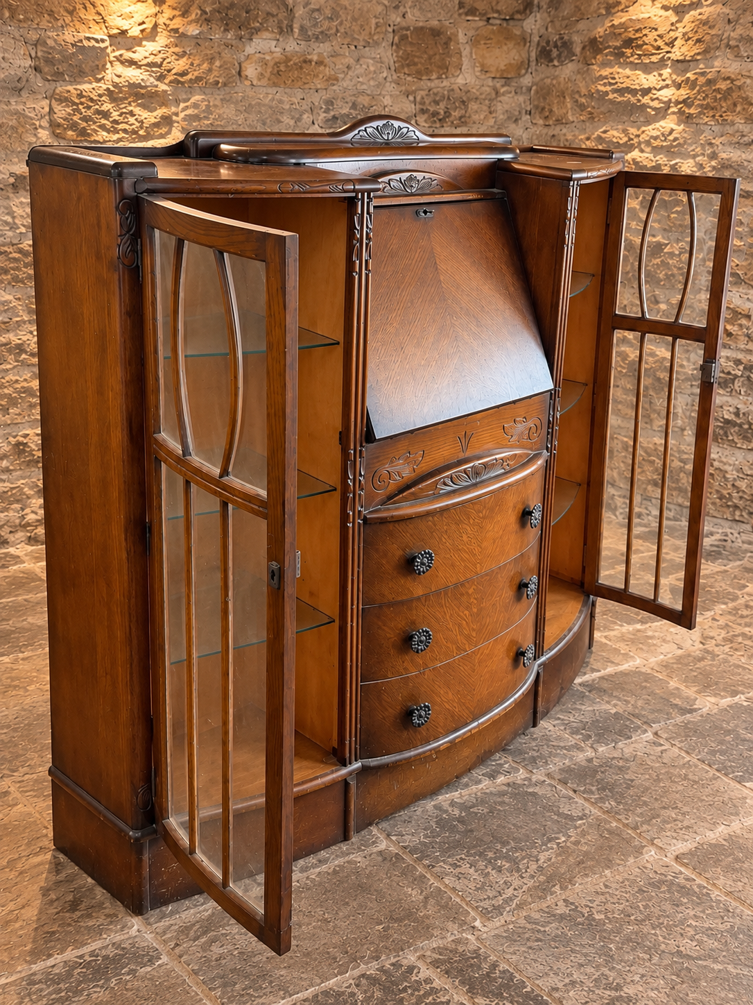 Antique Arts & Crafts Oak Side-by-Side Bureau Bookcase – Art Nouveau Display Cabinet c.1900