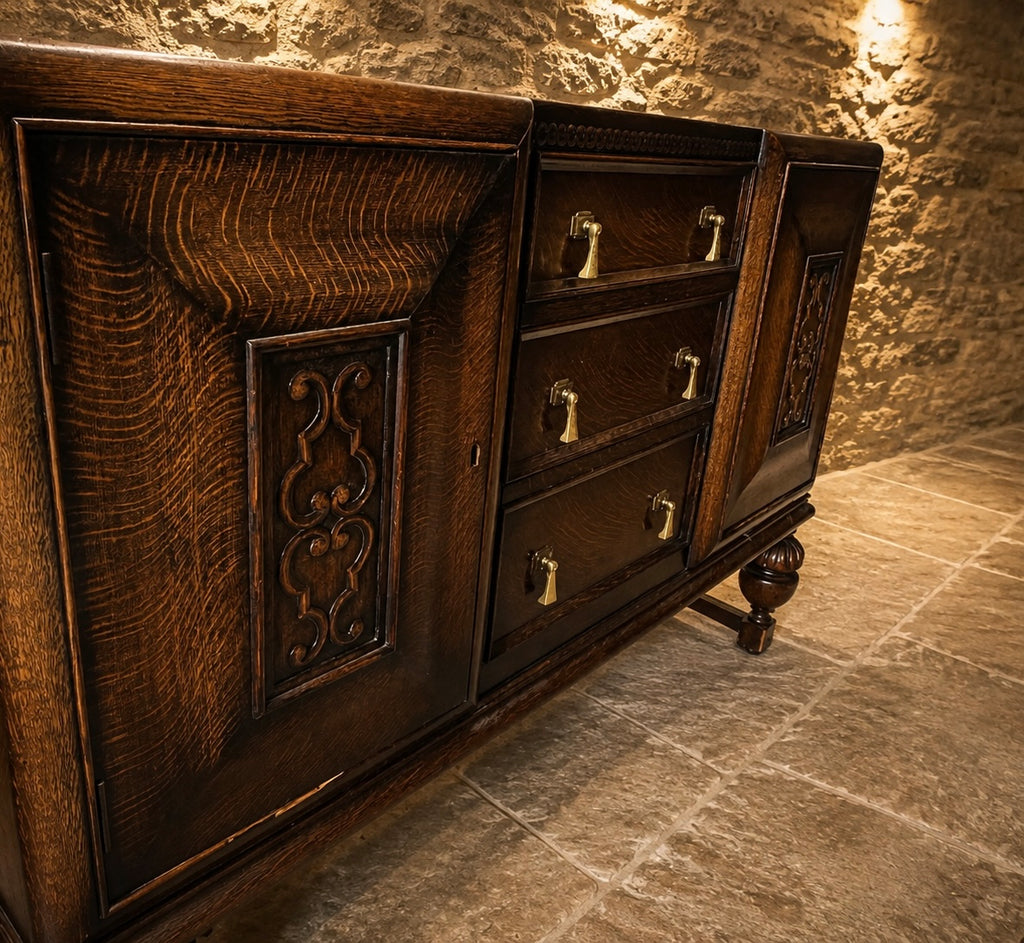 Circa 1930 Jacobean Revival Carved Oak Sideboard