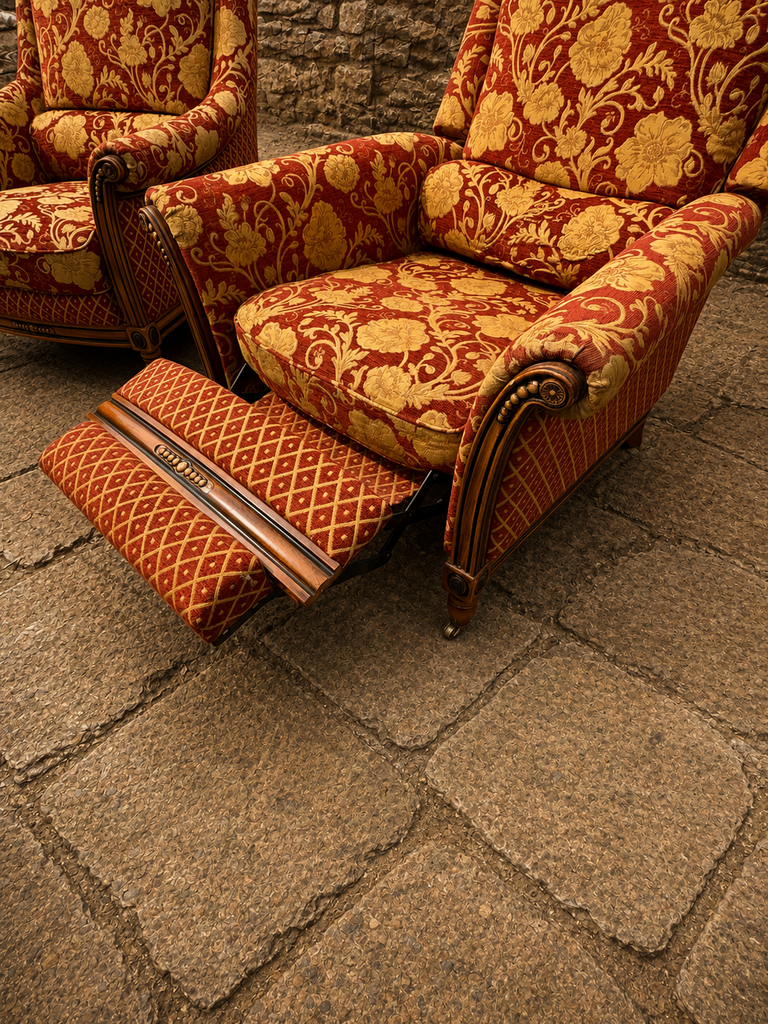 Pair of English Country House Damask Armchairs with Reclining Footstool