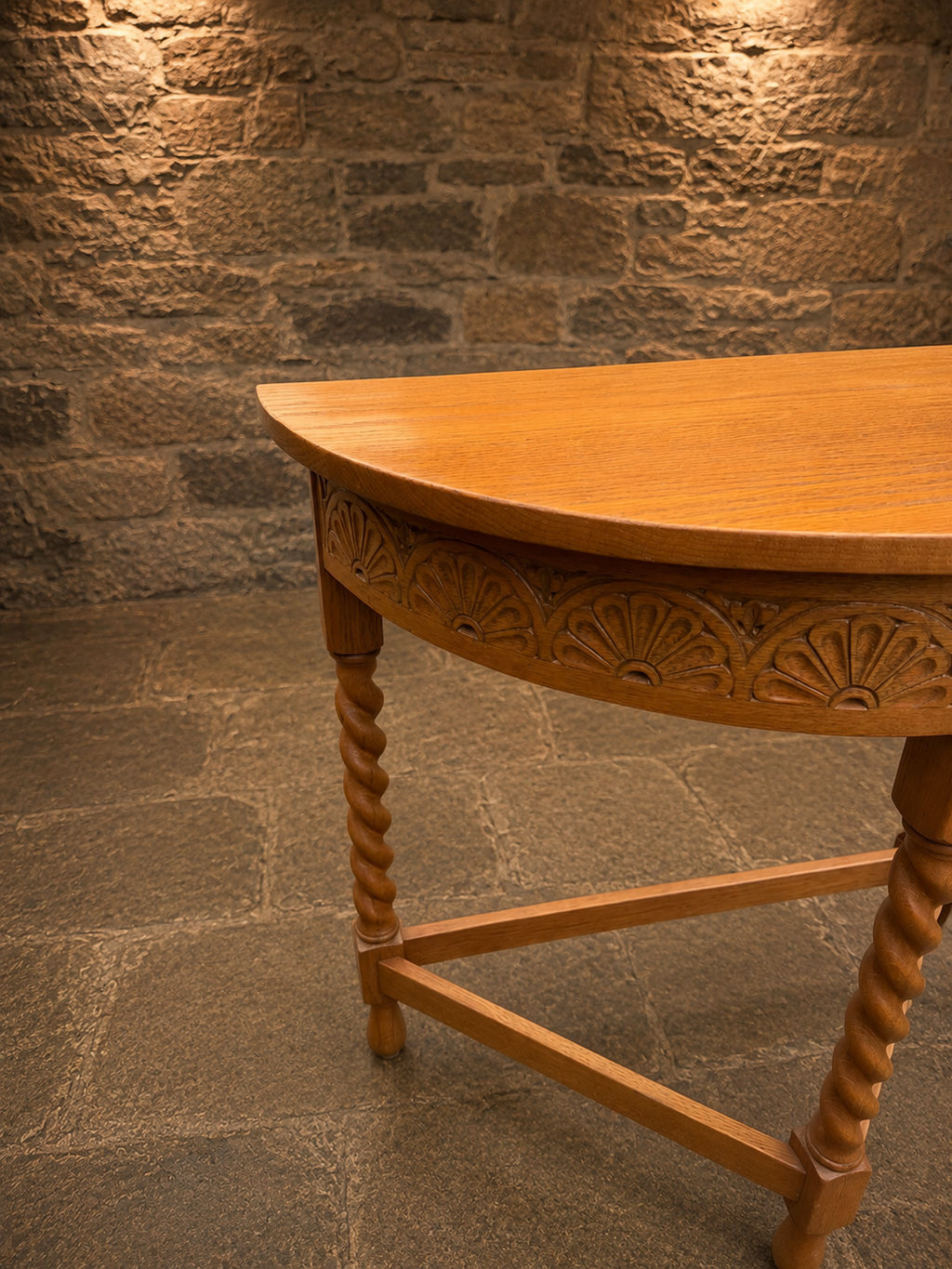 Antique 1930s Carved Solid Oak Demi-Lune Console Table