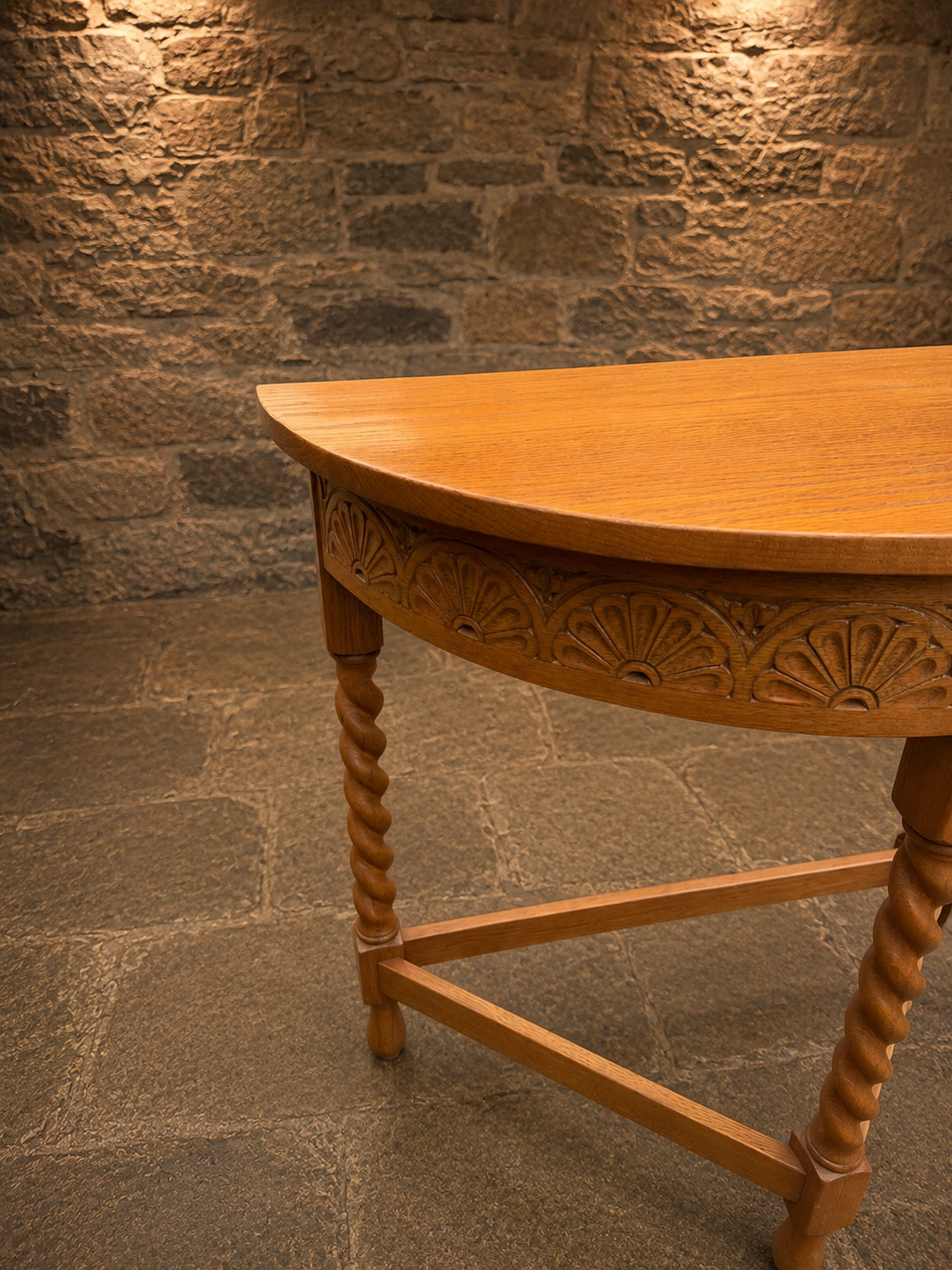 Antique 1930s Carved Solid Oak Demi-Lune Console Table