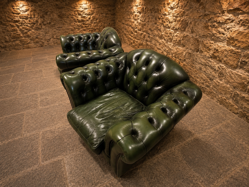 Vintage Pair of Green Leather Chesterfield Club Armchairs