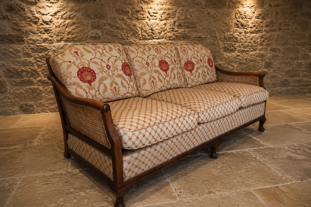 Edwardian Mahogany Bergère Three Seat Sofa | Antique Cane Back Upholstered Settee | English c.1905–1915