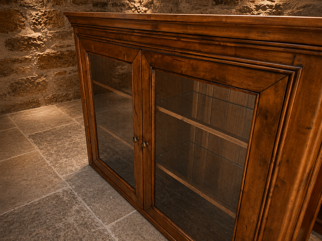 Large French Provincial Cherry Wood Glazed Display Cabinet | Country Farmhouse Glass Display Cabinet