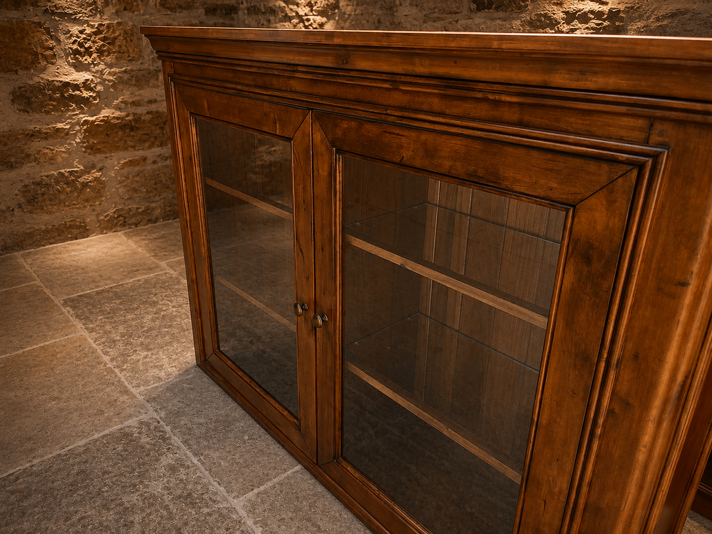 Large French Provincial Cherry Wood Glazed Display Cabinet | Country Farmhouse Glass Display Cabinet