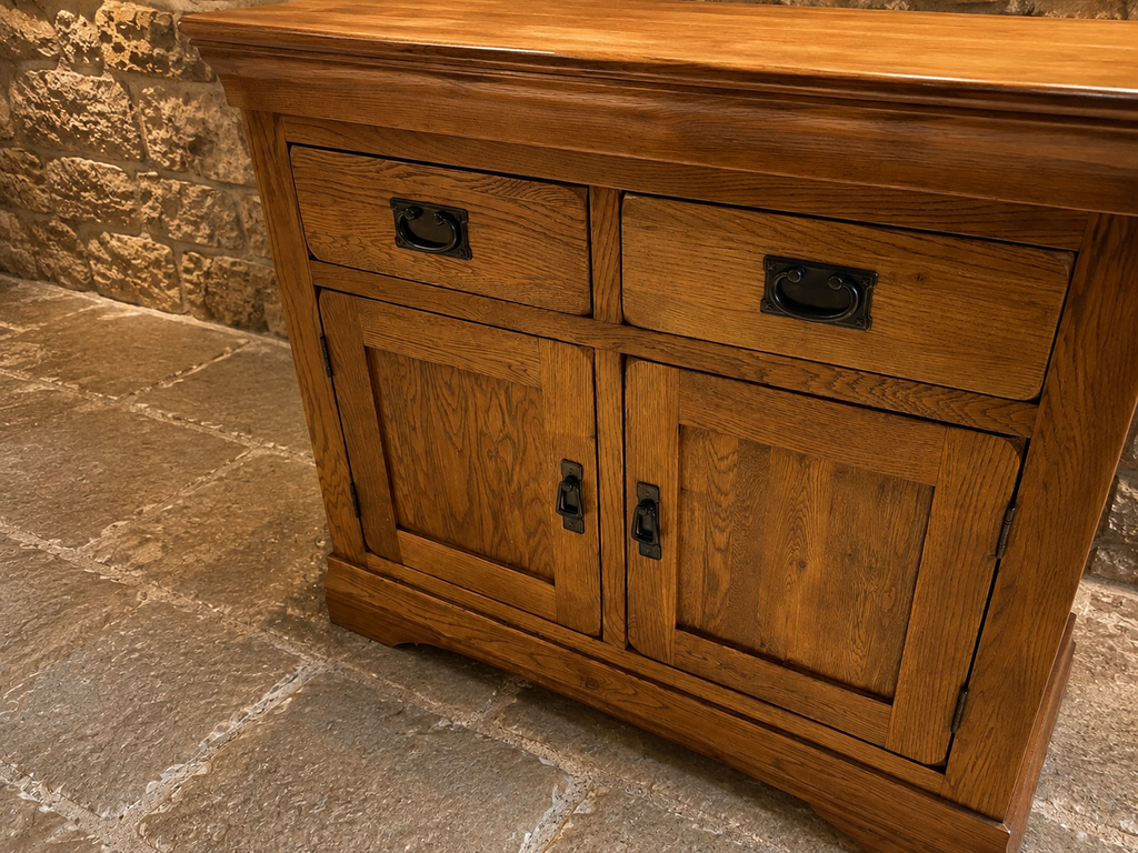 Solid Oak Arts & Crafts Style Sideboard – Two Drawer & Double Cupboard Storage