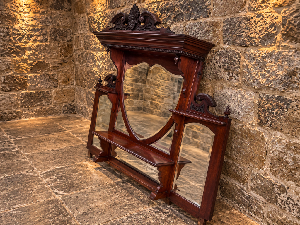 Antique Victorian Mahogany Overmantel Mirror c.1890 – Large Carved Bevelled Statement Mirror