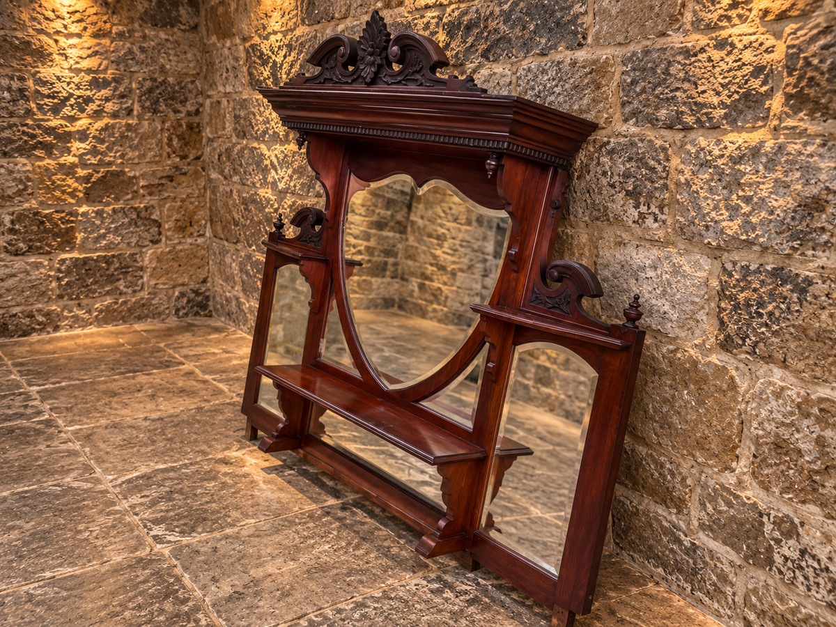 Antique Victorian Mahogany Overmantel Mirror c.1890 – Large Carved Bevelled Statement Mirror